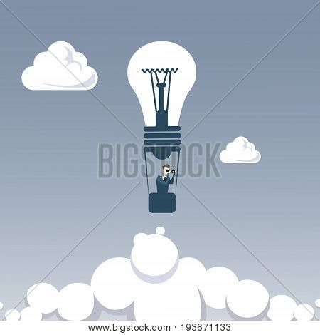 Business Man Fly On Light Bilb Air Balloon Hold Binocular Looking For Successful Future Concept Flat Vector Illustration