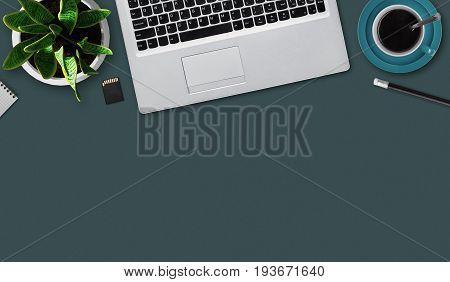 Office Desktop With Notebook, Flash Drive, Mug Of Coffee, Pencil, Flower And Blank Sheet. Top View O
