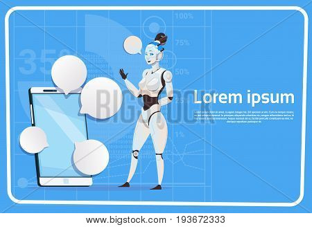 Modern Robot Female And Cell Smart Phone Chat Bubble Social Media Communication Artificial Intelligence Technology Concept Flat Vector Illustration