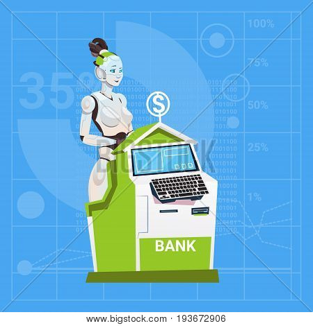 Modern Robot Female Working In Bank Banker Futuristic Artificial Intelligence Technology Concept Flat Vector Illustration