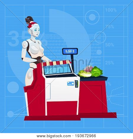 Modern Robot Female Work In Shopping Mall Cashier In Supermarket Futuristic Artificial Intelligence Technology Concept Flat Vector Illustration