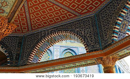 Mosaic details of Dome of the Rock mosque in Jerusalem. Golden Dome is the most known mosque and landmark in Jerusalem and sacred place for all muslims.