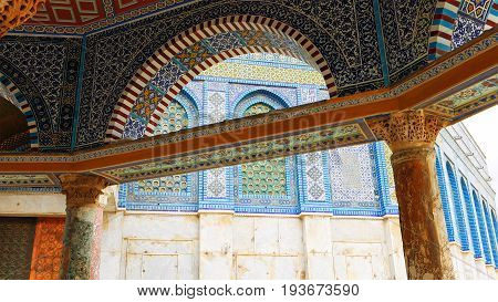 Mosaic details of Dome of the Rock mosque in Jerusalem. Golden Dome is the most known mosque and landmark in Jerusalem and sacred place for all muslims.