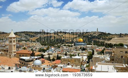Jerusalem panoramic aerial view. Jerusalem is most sacred place for religious people christians muslims and jews. It's most touristic place on the planet as well.