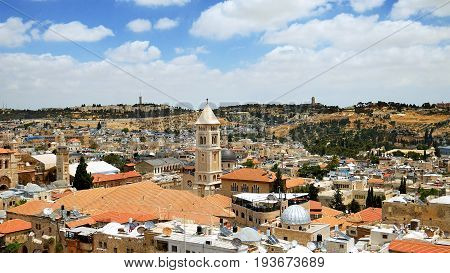 Jerusalem panoramic aerial view. Jerusalem is most sacred place for religious people christians muslims and jews. It's most touristic place on the planet as well.