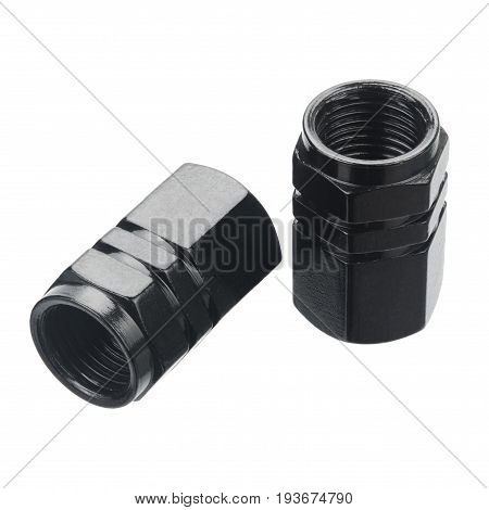Black aluminium tire valve caps isolated on white background