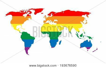 LGBT rainbow pride flag in a shape of World map. Lesbian, gay, bisexual, and transgender stylish design element. Simple flat vector illustration.