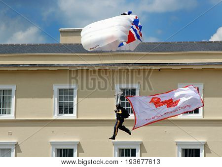Sandhurst, Surrey, Uk - June 18Th 2017: Parachutist Of The Rlc Silver Stars Parachute Display Team C