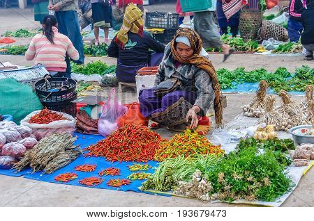 MUANG SING, LAOS - DECEMBER 28, 2012: Women selling vegetables in the morning market in the village of Muang Sing Laos