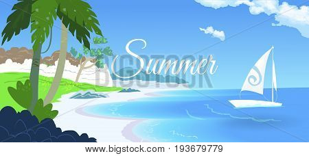 Beautiful beach palm trees and boats on the beach. The blue lagoon with clear water.