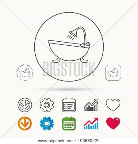 Bathroom icon. Bath with shower sign. Calendar, Graph chart and Cogwheel signs. Download and Heart love linear web icons. Vector