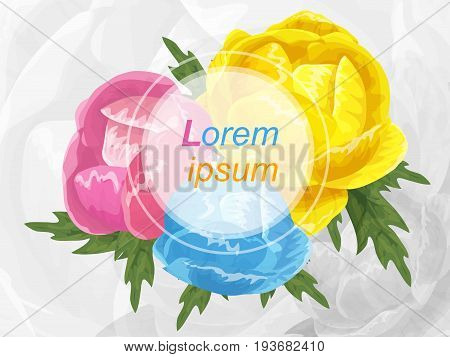Flowers peonies pink blue yellow with green leaves on a gray background.