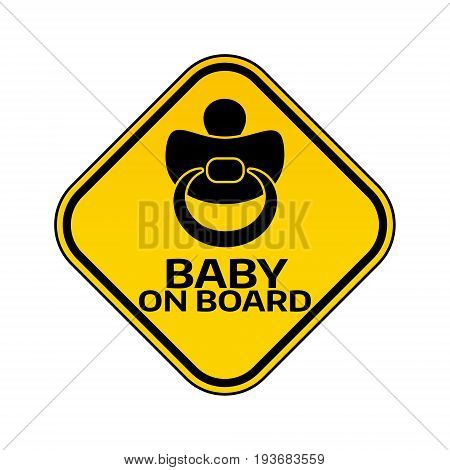 Baby on board sign with child nipple silhouette in yellow rhombus on a white background. Car sticker with warning. Vector illustration.