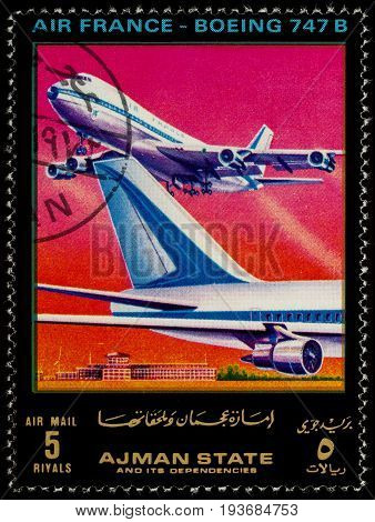 Moscow Russia - July 03 2017: A stamp printed in Ajman shows passenger airliner Boeing 747B Air France series 