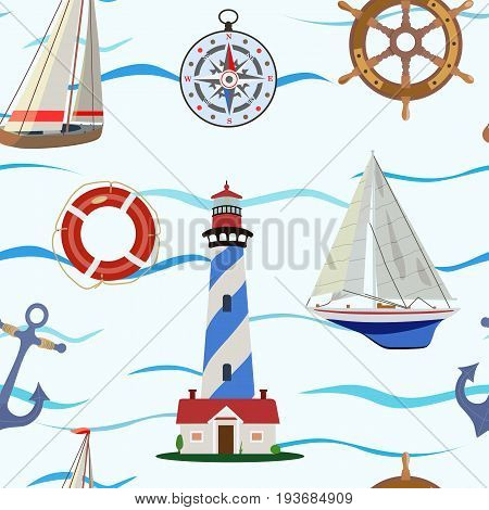 Vector pattern with yachts and a beacon, a compass, an anchor and a steering wheel on the sea or the ocean.