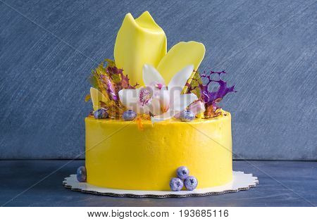 yellow cream cheese cake with chocolate twist and isomalt decoration