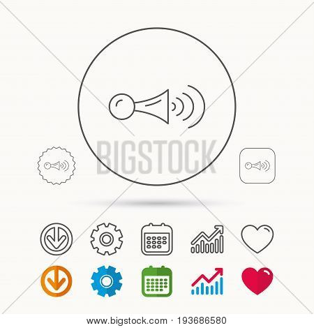 Klaxon signal icon. Car horn sign. Calendar, Graph chart and Cogwheel signs. Download and Heart love linear web icons. Vector
