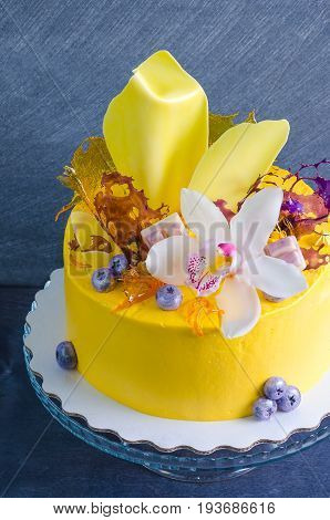 yellow cream cheese cake with chocolate twist and isomalt decoration