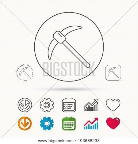 Mining tool icon. Pickaxe equipment sign. Minerals industry symbol. Calendar, Graph chart and Cogwheel signs. Download and Heart love linear web icons. Vector