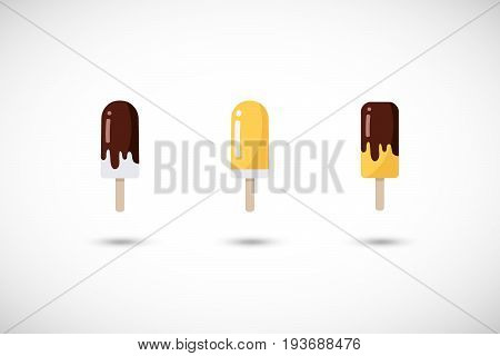 Popsicle vector flat icons set Flat design of ice cream bars in chocolade with round shadow cute vector illustration with reflections