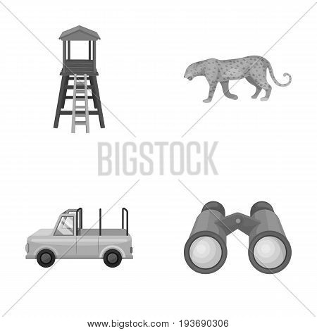 Observation tower for the hunter, leopard, hunting machine, binoculars. African safari set collection icons in monochrome style vector symbol stock illustration .