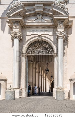 Rome Italy - August 18 2016: Soldiers guarding the door of The Quirinal Palace a sunny summer day. It is a historic building in Rome official residence of the President of the Italian Republic.