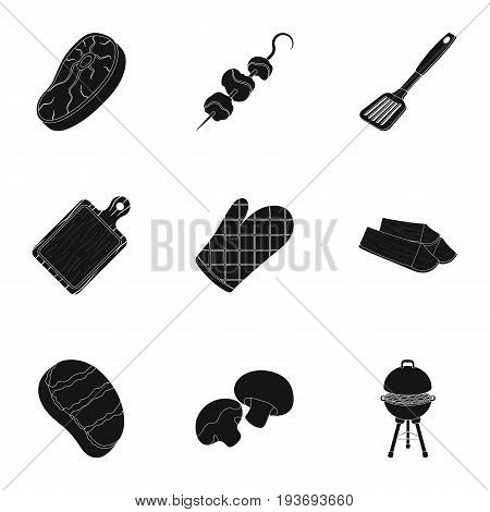 Meat, steak, firewood, grill, table and other accessories for barbecue.BBQ set collection icons in black style vector symbol stock illustration .