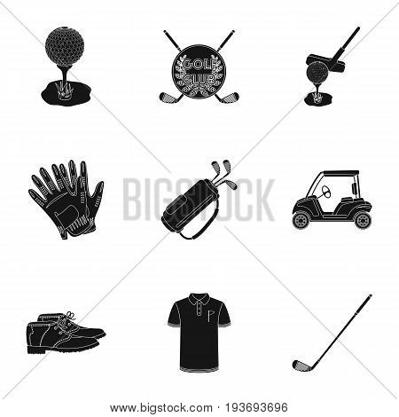 A golfer, a ball, a club and other golf attributes.Golf club set collection icons in black style vector symbol stock illustration .