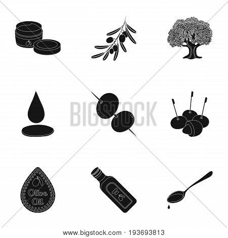 Olives, tree, branch and other products from olives.Olives set collection icons in black style vector symbol stock illustration .