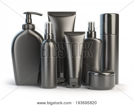 Set of cosmetic products.  Cosmetic series of different daily beauty care products isolated on white background. Black containers for cream, ointment, lotion and soap. 3d illustration