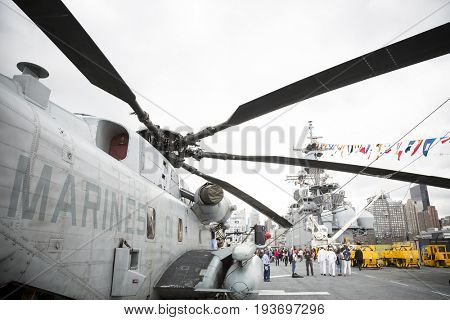 Ship Tour USS Kearsarge (LHD 3) Wasp-class amphibious assault ship: USMC Marine Corps Squadron HMH-461 Ironhorse CH-53E Sea Stallion helicopter, flight deck. Fleet Week NEW YORK MAY 25 2017.
