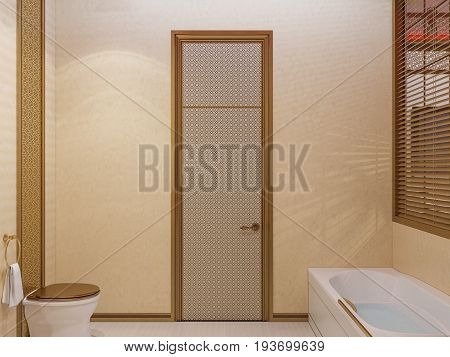 3d illustration, interior design bathroom of a hotel room in a traditional Islamic style. Beautiful deluxe room Ramdan Kareem background interior view decorated with Islamic motifs.