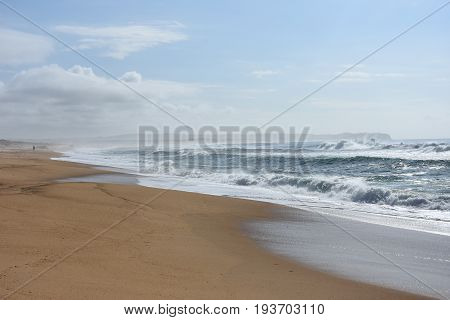 Wave and sand beach for background. Beautiful beach surface texture. Sea wave on sand beach digital illustration. Oceanic water tide on seashore. Belmont beach Australia.