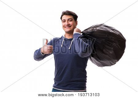 Man with garbage sack isolated on white