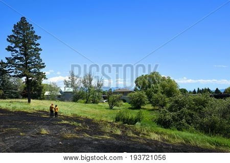 KALISPELL, MONTANA, USA - June 21, 2017: Two firefighters survey the scene of a grass fire