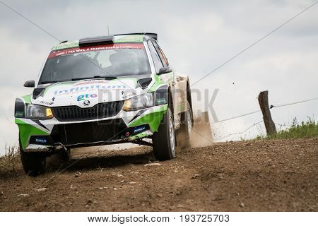 Mikolajki, Poland - 1 July 2017: Benito Guerra  and his codriver Daniel Cue   in a Skoda Fabia R5 race in the 74nd Rally Poland, on July 1, 2017 in Mikolajki, Poland.