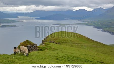 View from the mountain Ben Tianavaig towards the An Aird peninsula and the South, Isle of Skye, Highlands, Scotland, UK