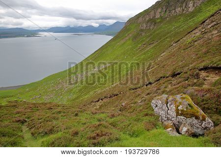 View from the mountain Ben Tianavaig towards the South, Isle of Skye, Highlands, Scotland, UK