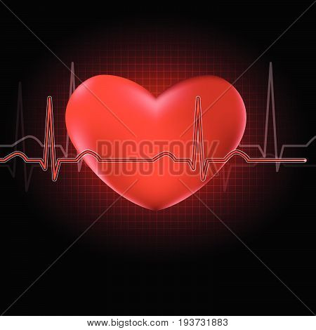 Red heart shape with red cardiograph on black background. A concept for world heart day. Vector illustration.