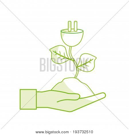 silhouette hand with power cable plant with leaves and ground vector illuctration