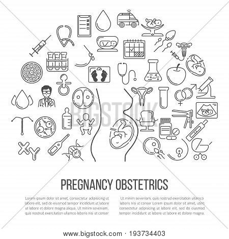 Pregnant and obstetrics concept with different obstetrics elements and other ginecological research vector symbols isolated on background. Perfect illustration for flyer or banner.