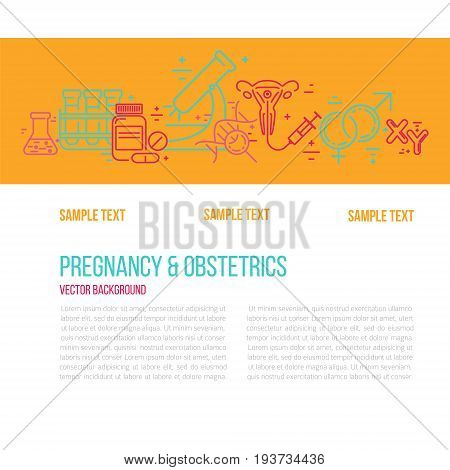 Banner template with research symbols including In vitro fertilization and others obstetrics symbols. Line style vector illustration with place for your text.