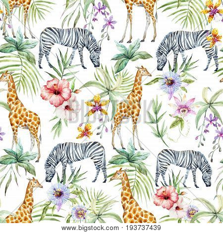 Beautiful seamless pattern with tropical flowers and wild zebra and giraffe