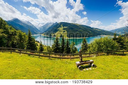 Awesome image of the Durlassboden reservoir. Location municipality of Gerlos in Zillertal valley, Austrian states of Tyrol and Salzburg. Reichenspitz range, High Tauern National Park. Beauty world.