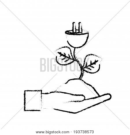 figure hand with power cable plant with leaves and ground vector illuctration