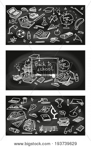Back to school set of cards with educational objects on black chalk board background. 3 labels in 1. poster, invitation, greeting, business card. For decoration, packing, wrapping, prints. school pack