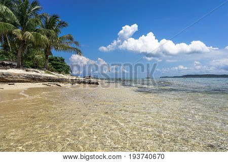 Tropical beach background and wonderful nature landscape with sandy beach with beautiful coral in Rusukan Besar island,Labuan,Malaysia.