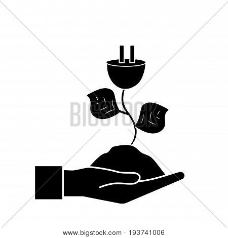 contour hand with power cable plant with leaves and ground vector illuctration