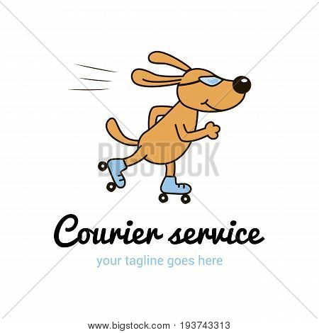 Vector logo template for courier service. Illustration of dog rides Rollick. Creative logotype. EPS 10.