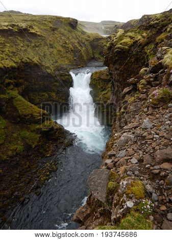 Waterfalls Cascade At River Skoga In Iceland